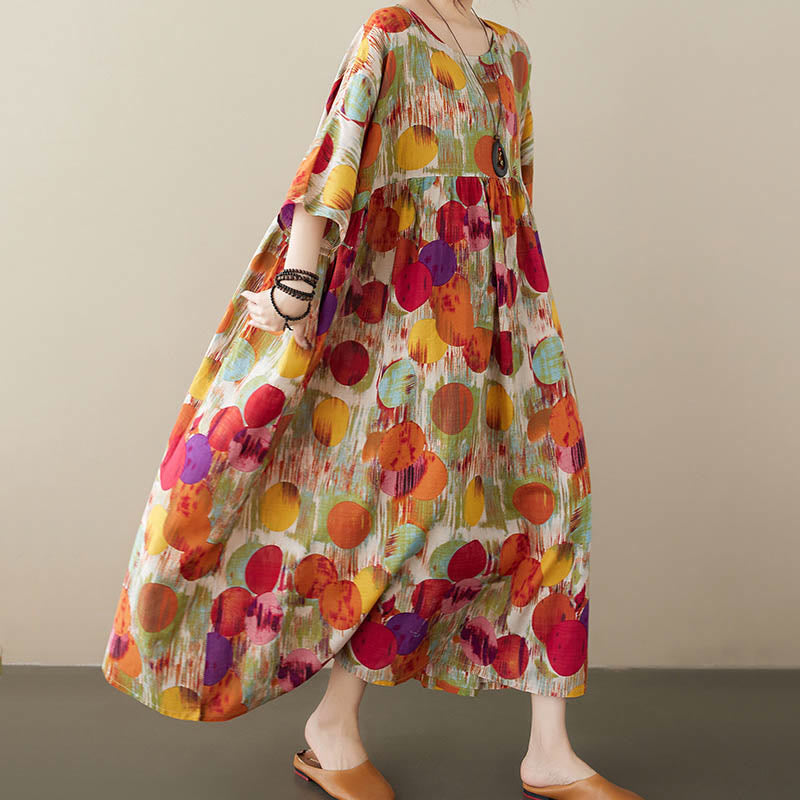 Orange Green Colorful Polka Dots Midi Dress Cotton Half Sleeve Tunic Dress With Pockets