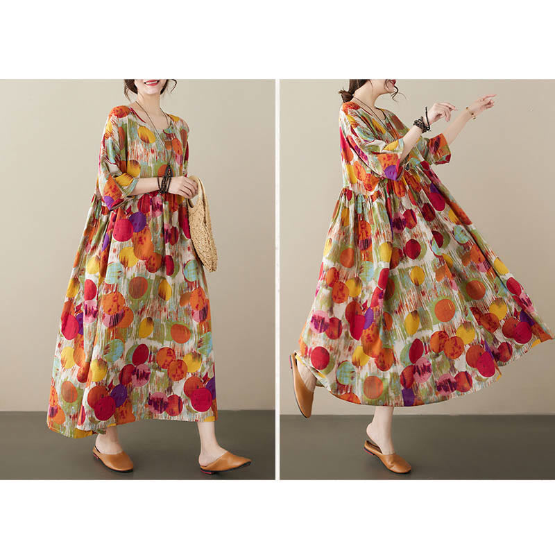 Orange Green Colorful Polka Dots Midi Dress Cotton Half Sleeve Tunic Dress With Pockets