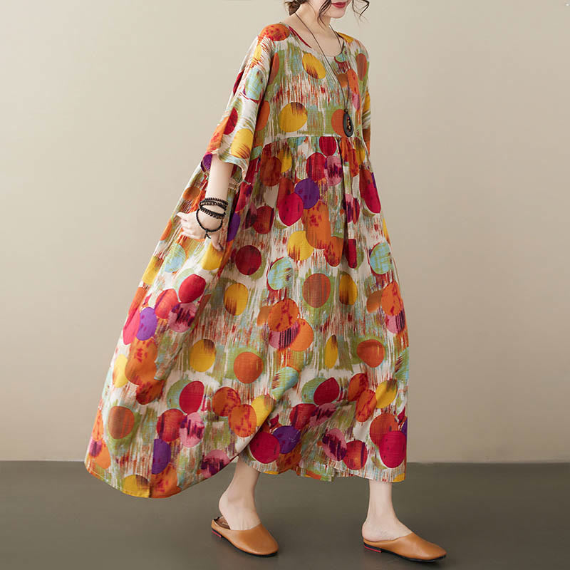 Orange Green Colorful Polka Dots Midi Dress Cotton Half Sleeve Tunic Dress With Pockets