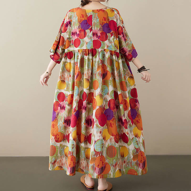 Orange Green Colorful Polka Dots Midi Dress Cotton Half Sleeve Tunic Dress With Pockets