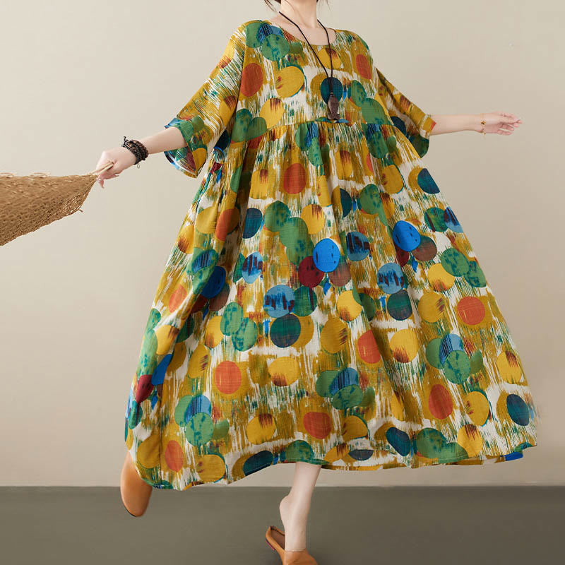Orange Green Colorful Polka Dots Midi Dress Cotton Half Sleeve Tunic Dress With Pockets
