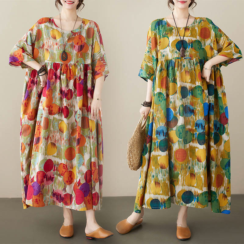 Orange Green Colorful Polka Dots Midi Dress Cotton Half Sleeve Tunic Dress With Pockets