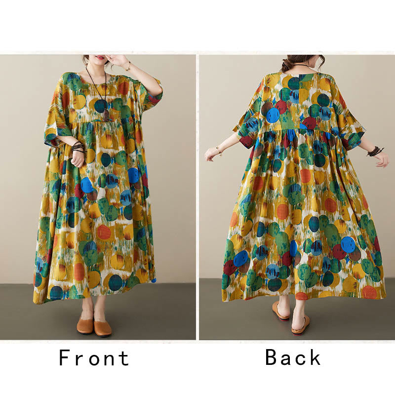 Orange Green Colorful Polka Dots Midi Dress Cotton Half Sleeve Tunic Dress With Pockets
