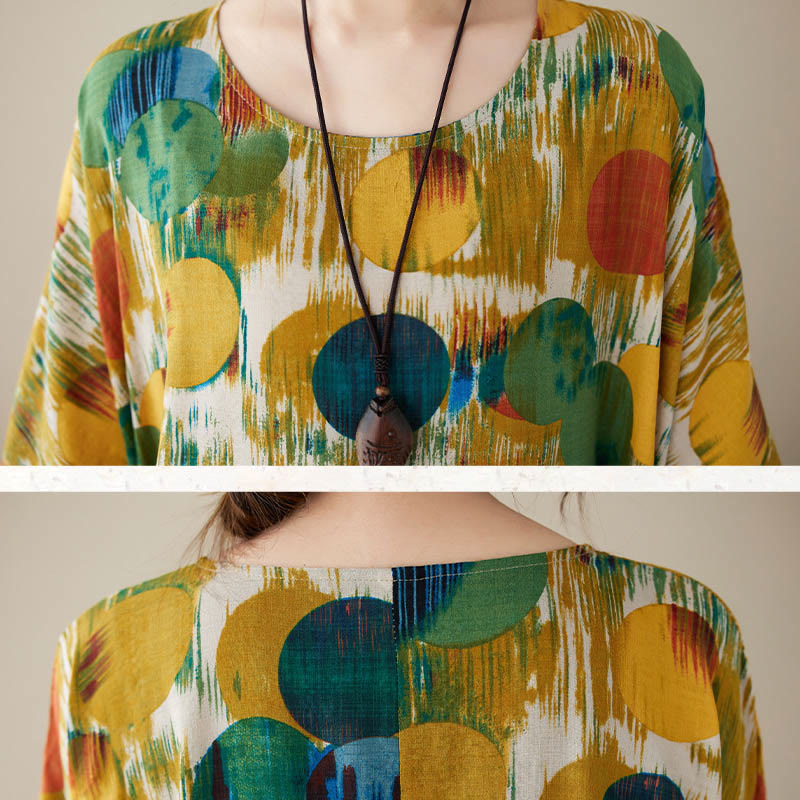 Orange Green Colorful Polka Dots Midi Dress Cotton Half Sleeve Tunic Dress With Pockets