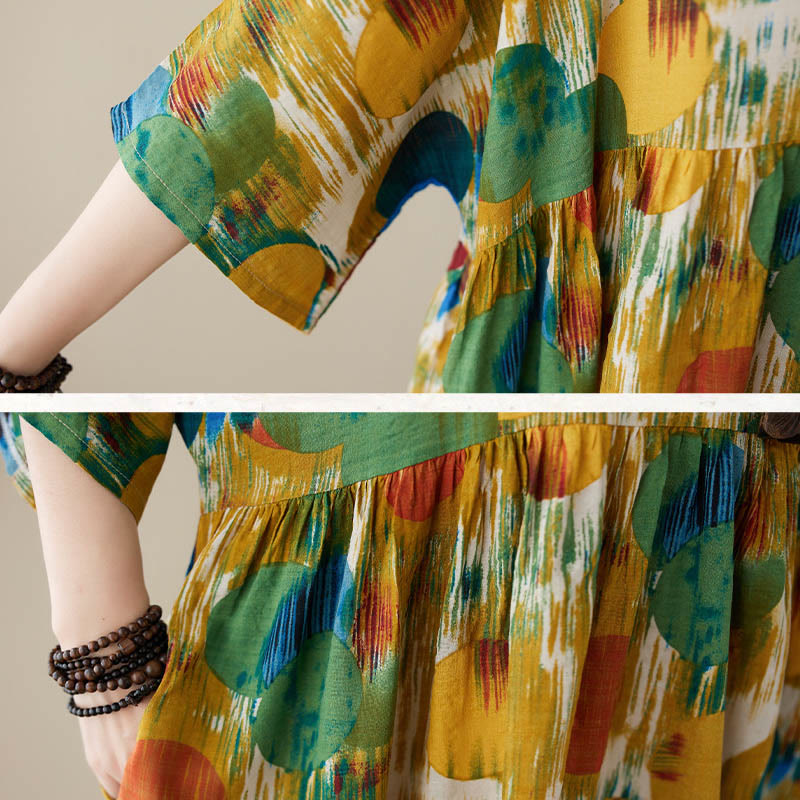 Orange Green Colorful Polka Dots Midi Dress Cotton Half Sleeve Tunic Dress With Pockets
