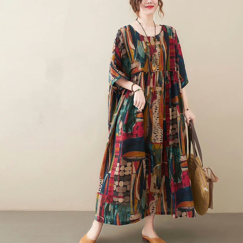 Colorful Graphics Midi Dress Cotton Half Sleeve Tunic Dress With Pockets