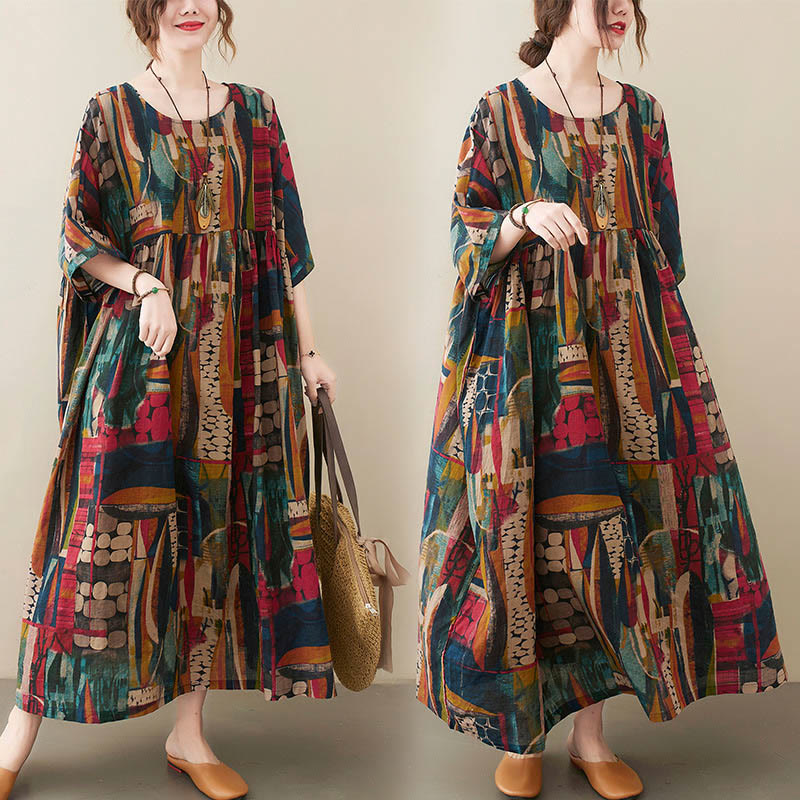 Colorful Graphics Midi Dress Cotton Half Sleeve Tunic Dress With Pockets