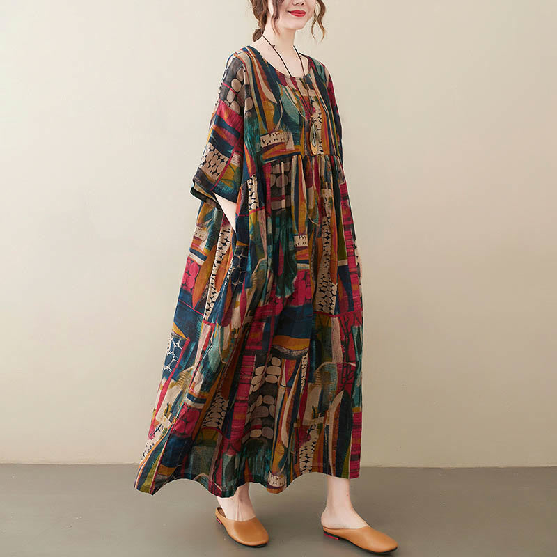 Colorful Graphics Midi Dress Cotton Half Sleeve Tunic Dress With Pockets