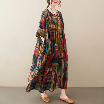 Colorful Graphics Midi Dress Cotton Half Sleeve Tunic Dress With Pockets