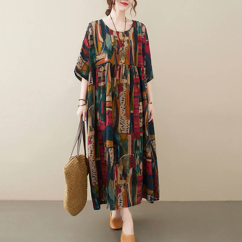Colorful Graphics Midi Dress Cotton Half Sleeve Tunic Dress With Pockets