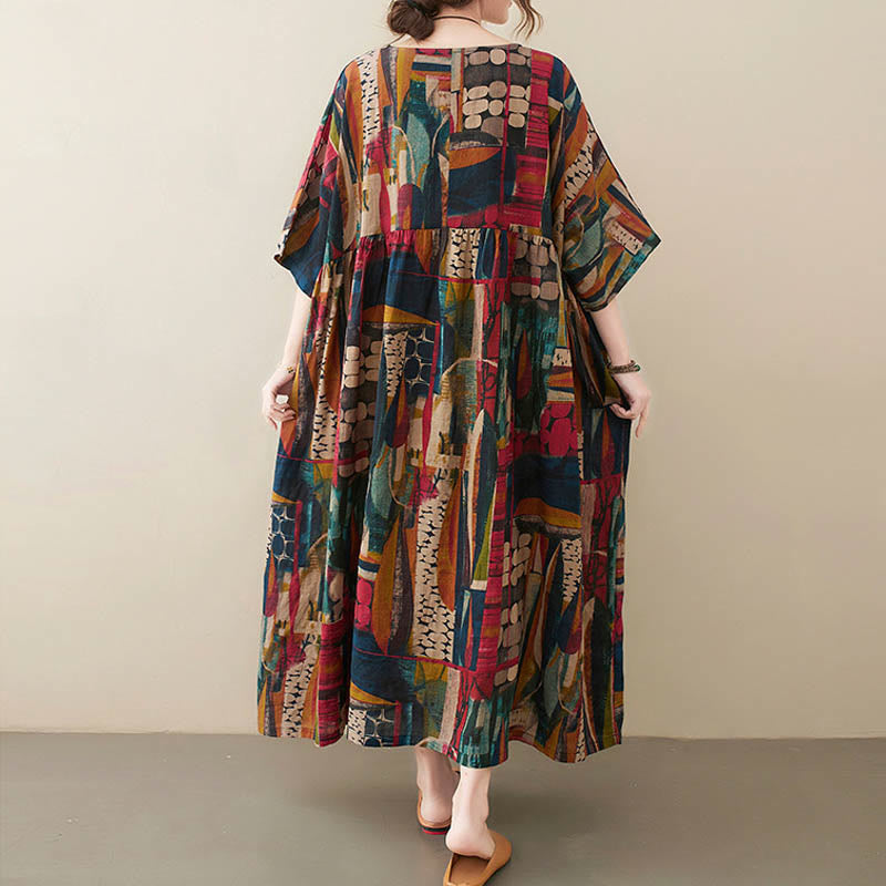 Colorful Graphics Midi Dress Cotton Half Sleeve Tunic Dress With Pockets