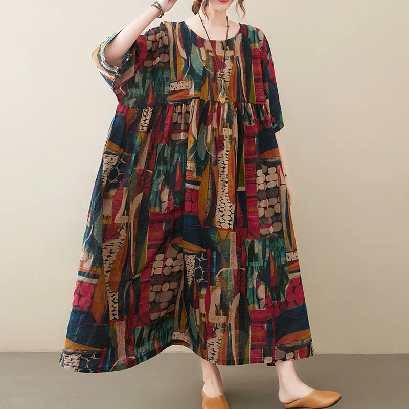 Colorful Graphics Midi Dress Cotton Half Sleeve Tunic Dress With Pockets