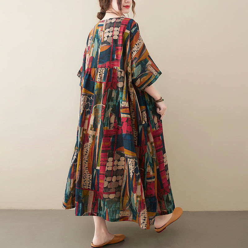 Colorful Graphics Midi Dress Cotton Half Sleeve Tunic Dress With Pockets