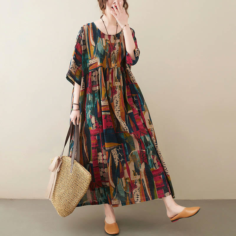 Colorful Graphics Midi Dress Cotton Half Sleeve Tunic Dress With Pockets