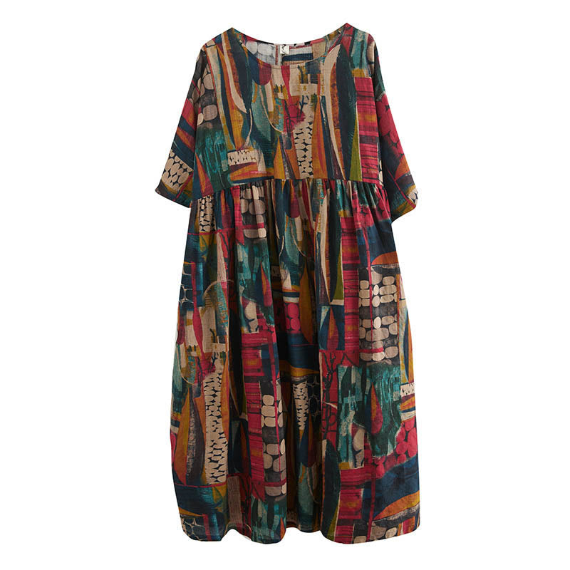 Colorful Graphics Midi Dress Cotton Half Sleeve Tunic Dress With Pockets
