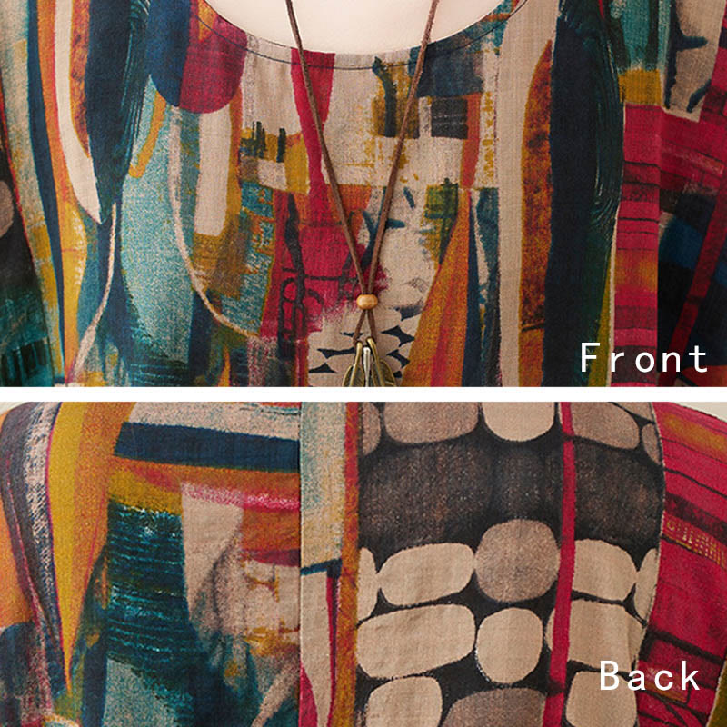 Colorful Graphics Midi Dress Cotton Half Sleeve Tunic Dress With Pockets