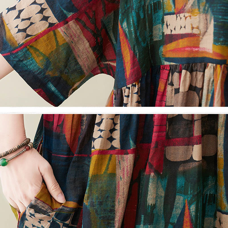 Colorful Graphics Midi Dress Cotton Half Sleeve Tunic Dress With Pockets