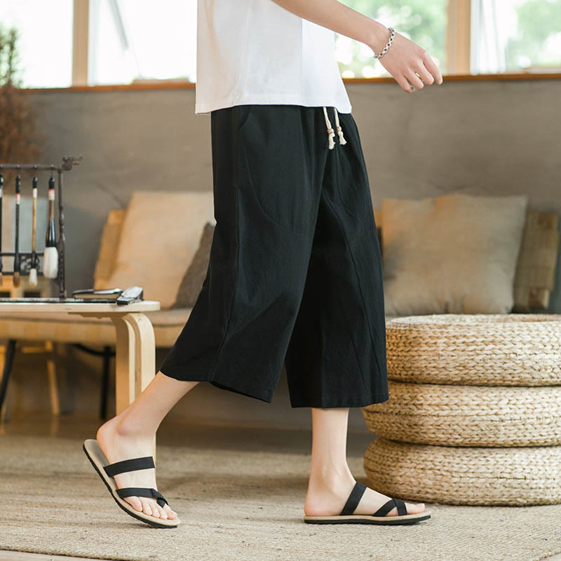Solid Color Mid-length Linen Men's Wide Leg Pants With Pockets