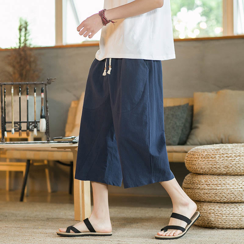 Solid Color Mid-length Linen Men's Wide Leg Pants With Pockets