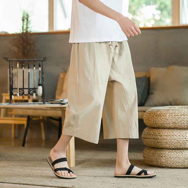 Solid Color Mid-length Linen Men's Wide Leg Pants With Pockets