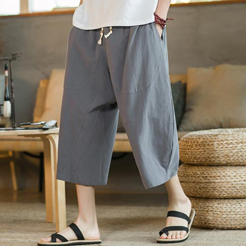 Solid Color Mid-length Linen Men's Wide Leg Pants With Pockets