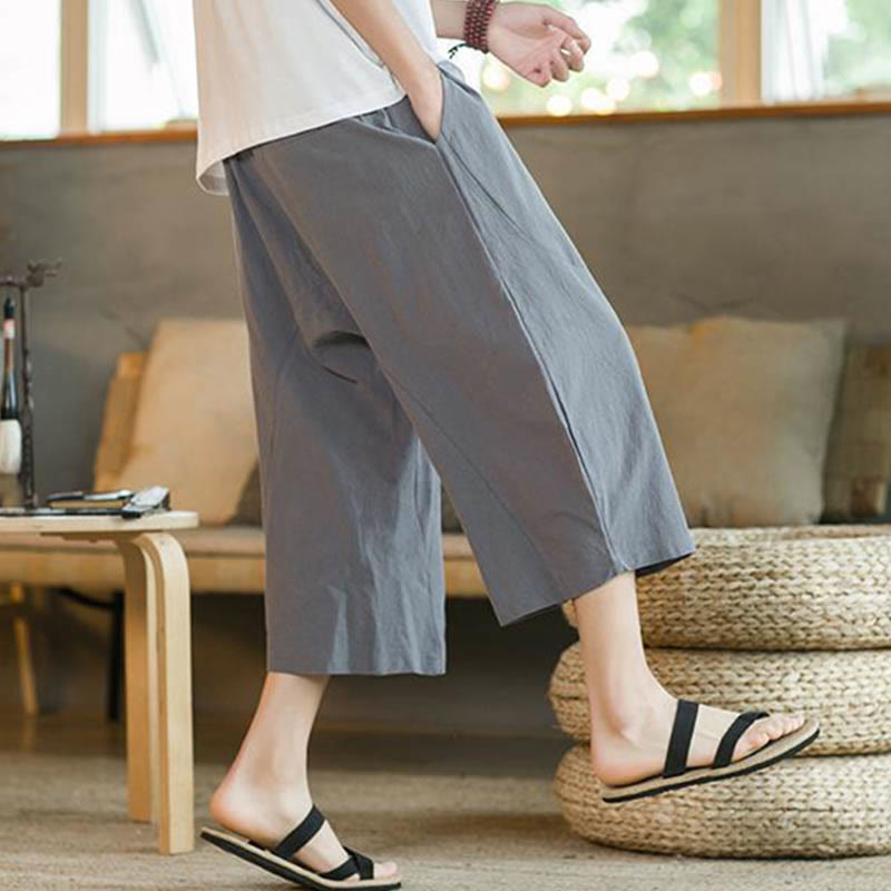 Solid Color Mid-length Linen Men's Wide Leg Pants With Pockets