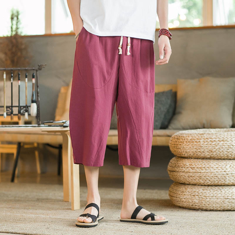 Solid Color Mid-length Linen Men's Wide Leg Pants With Pockets