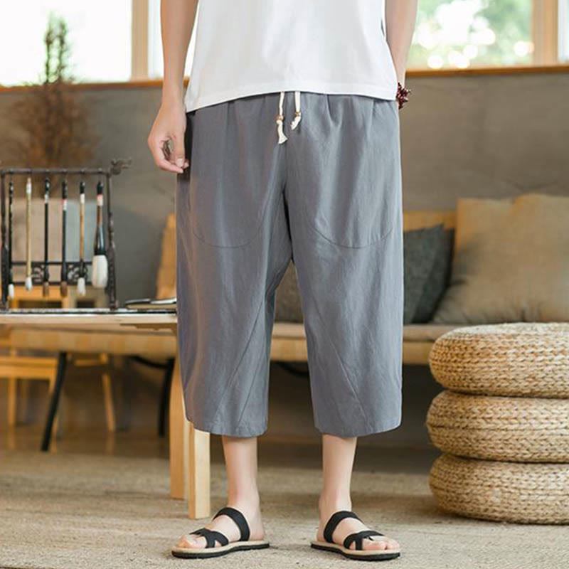 Solid Color Mid-length Linen Men's Wide Leg Pants With Pockets