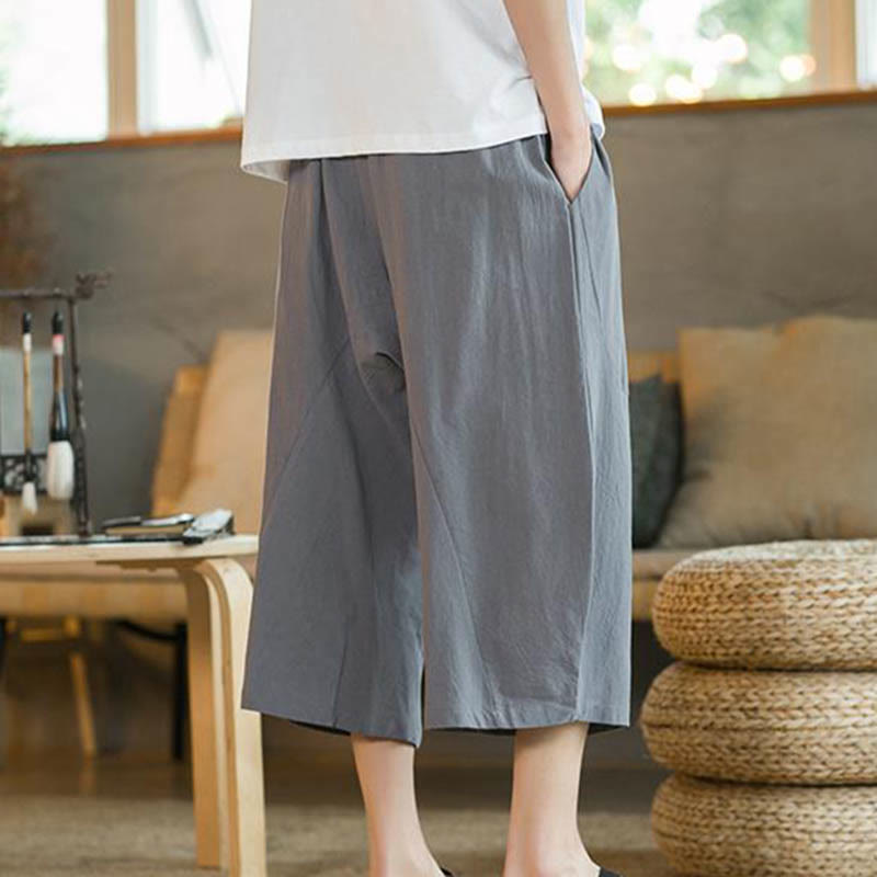 Solid Color Mid-length Linen Men's Wide Leg Pants With Pockets