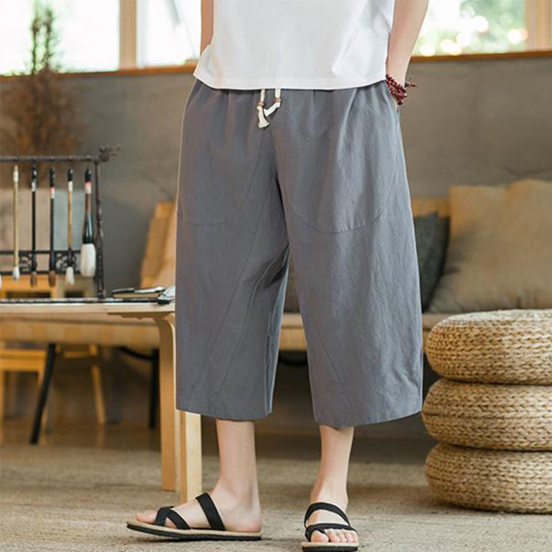 Solid Color Mid-length Linen Men's Wide Leg Pants With Pockets