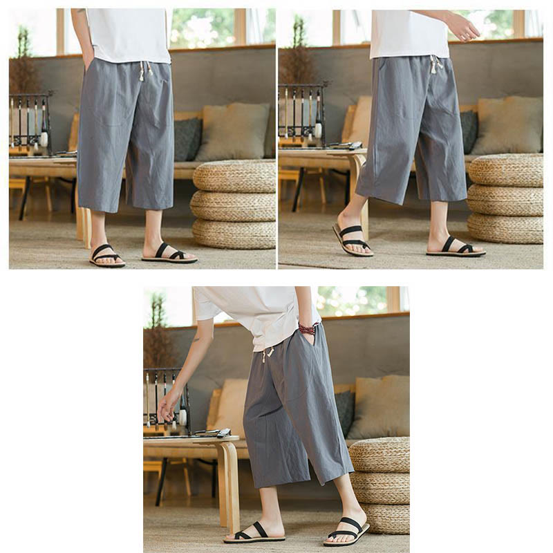Solid Color Mid-length Linen Men's Wide Leg Pants With Pockets