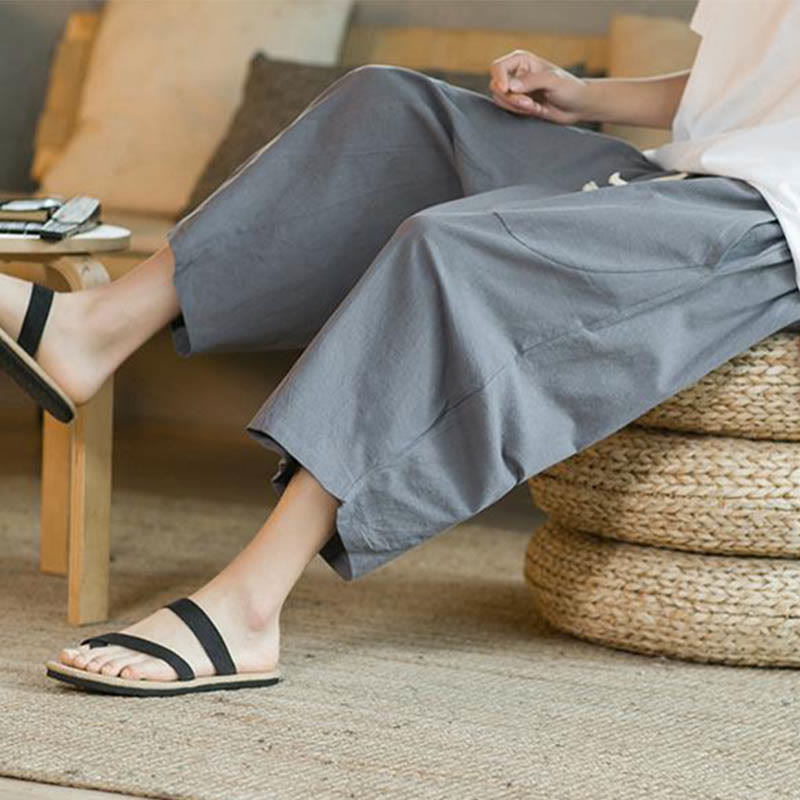 Solid Color Mid-length Linen Men's Wide Leg Pants With Pockets