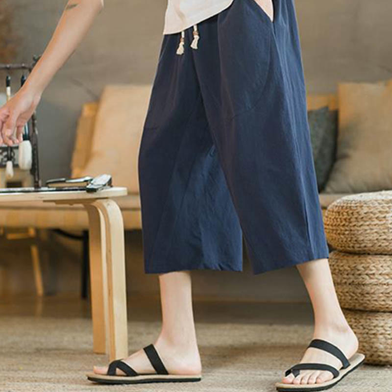 Solid Color Mid-length Linen Men's Wide Leg Pants With Pockets