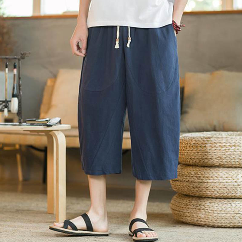 Solid Color Mid-length Linen Men's Wide Leg Pants With Pockets