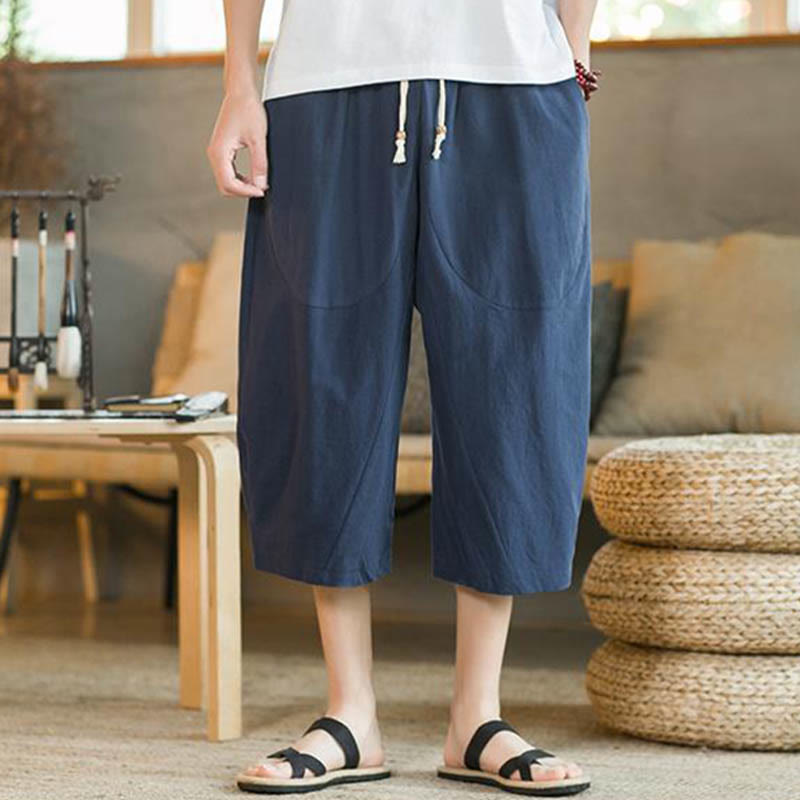Solid Color Mid-length Linen Men's Wide Leg Pants With Pockets
