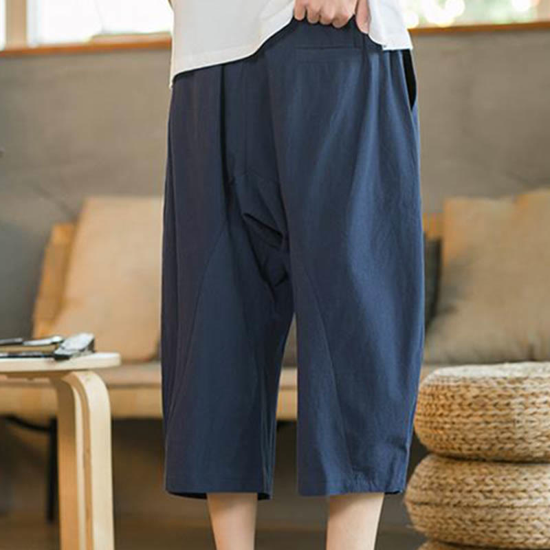 Solid Color Mid-length Linen Men's Wide Leg Pants With Pockets