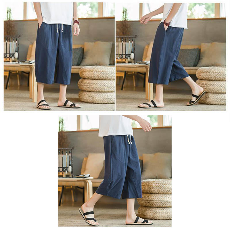 Solid Color Mid-length Linen Men's Wide Leg Pants With Pockets