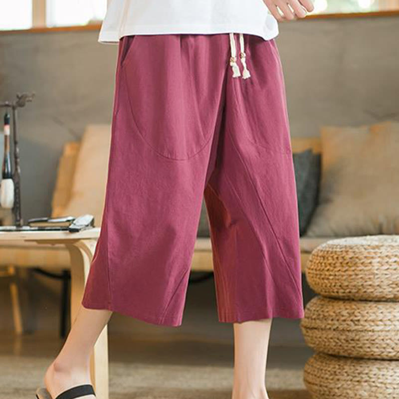 Solid Color Mid-length Linen Men's Wide Leg Pants With Pockets