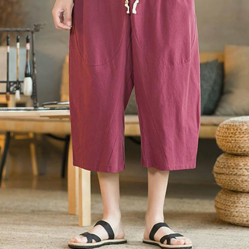 Solid Color Mid-length Linen Men's Wide Leg Pants With Pockets