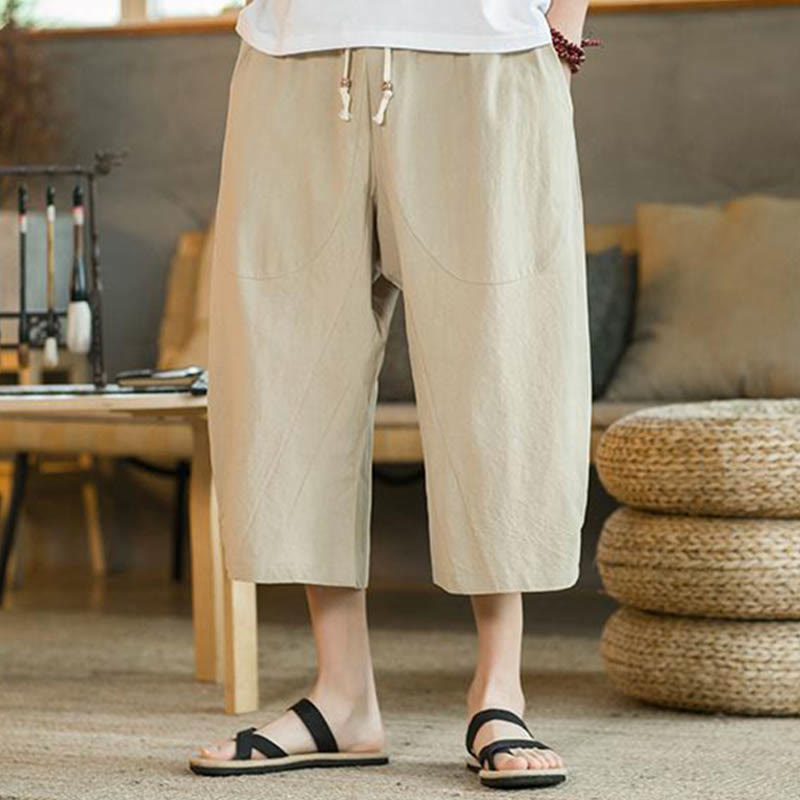 Solid Color Mid-length Linen Men's Wide Leg Pants With Pockets
