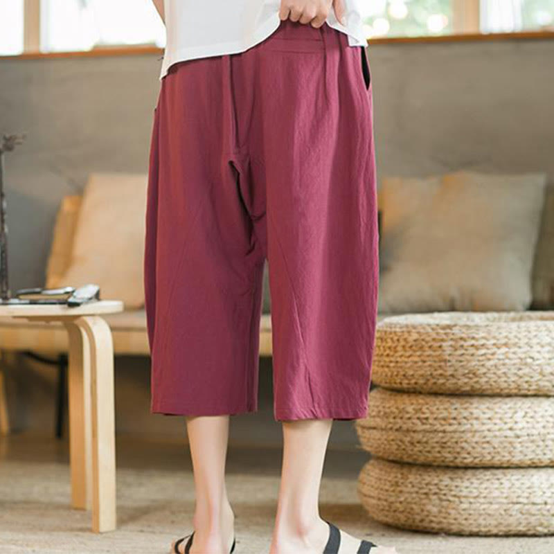 Solid Color Mid-length Linen Men's Wide Leg Pants With Pockets