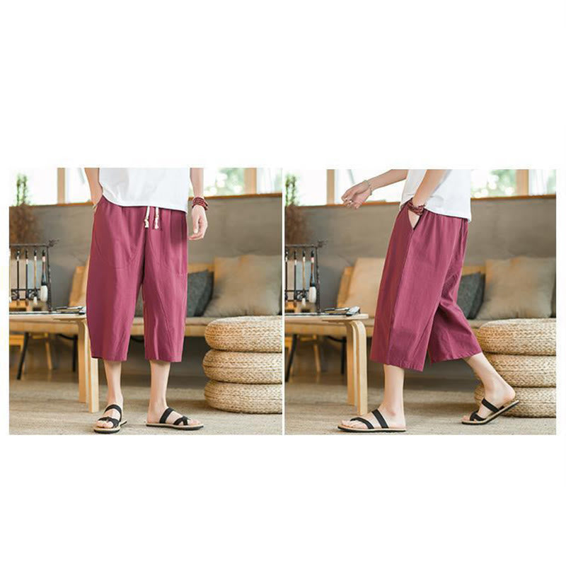 Solid Color Mid-length Linen Men's Wide Leg Pants With Pockets