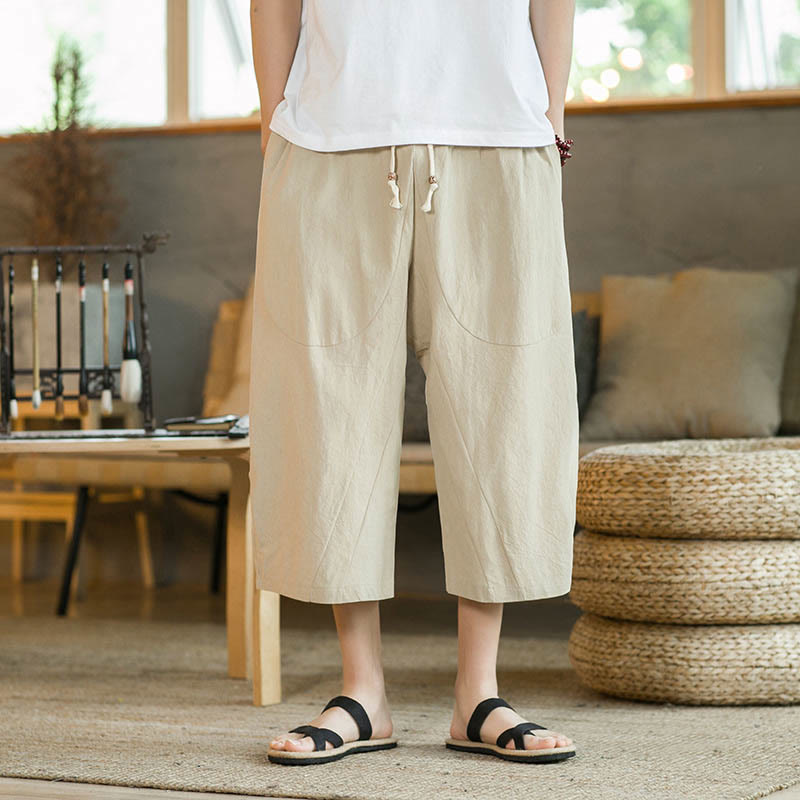 Solid Color Mid-length Linen Men's Wide Leg Pants With Pockets