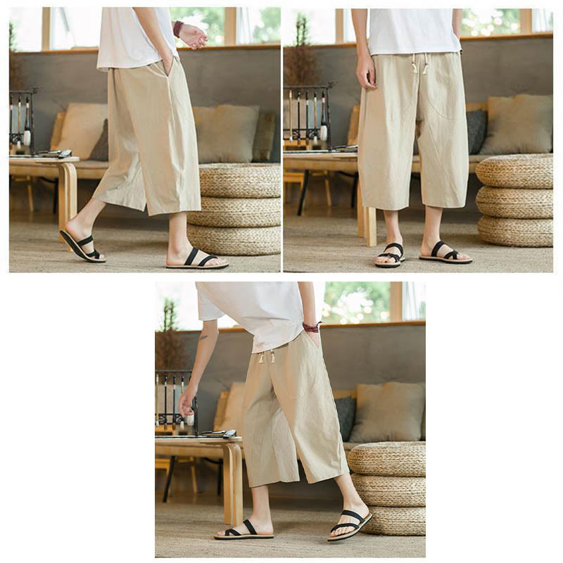 Solid Color Mid-length Linen Men's Wide Leg Pants With Pockets