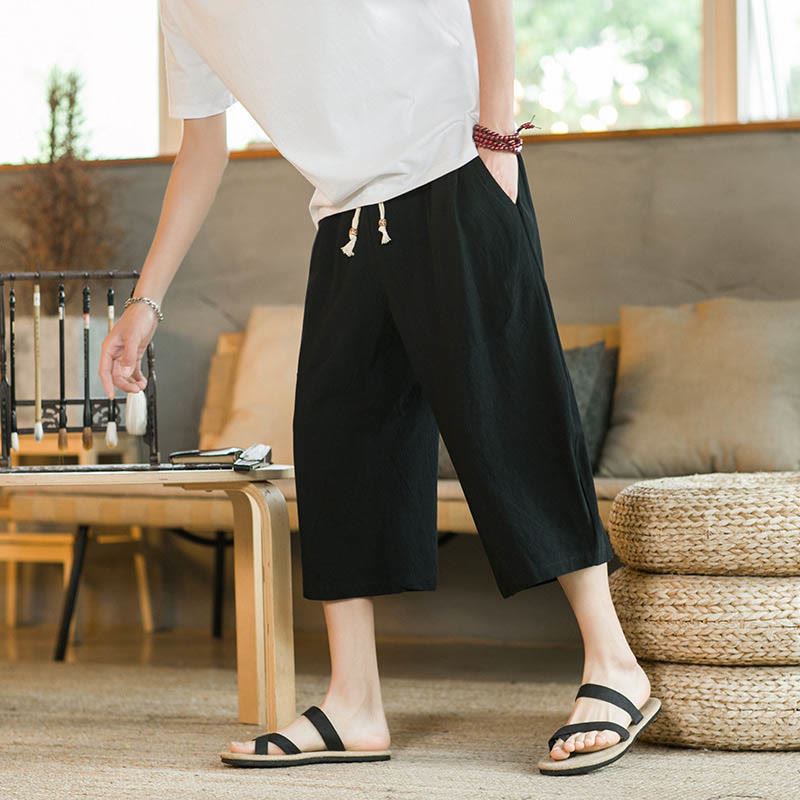 Solid Color Mid-length Linen Men's Wide Leg Pants With Pockets