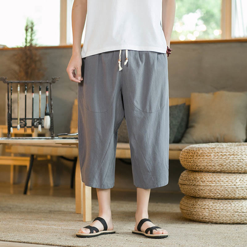 Solid Color Mid-length Linen Men's Wide Leg Pants With Pockets