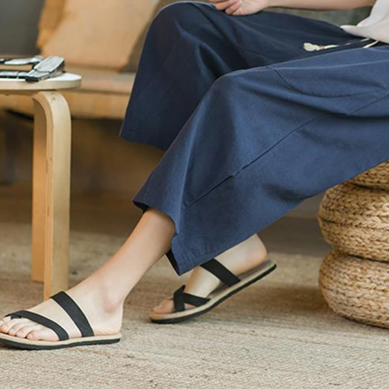 Solid Color Mid-length Linen Men's Wide Leg Pants With Pockets