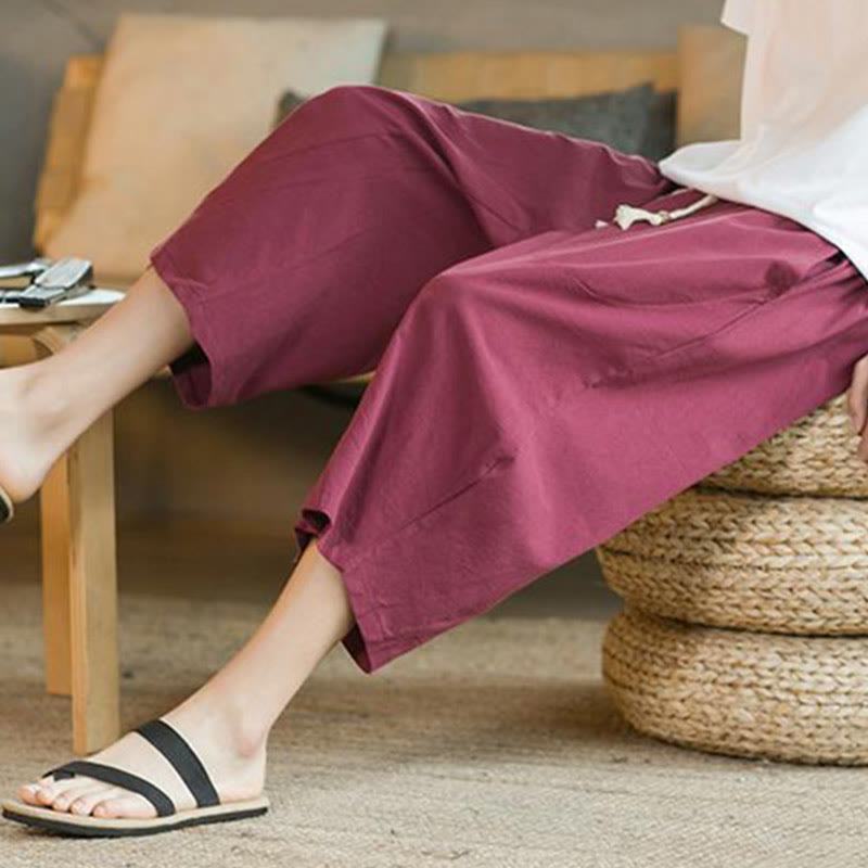 Solid Color Mid-length Linen Men's Wide Leg Pants With Pockets