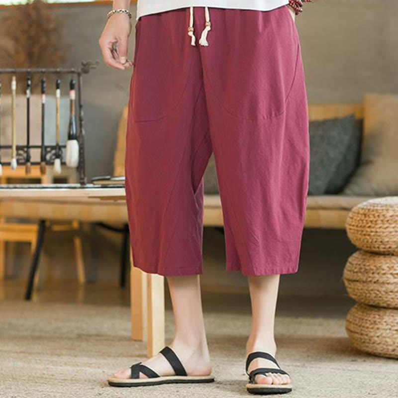 Solid Color Mid-length Linen Men's Wide Leg Pants With Pockets