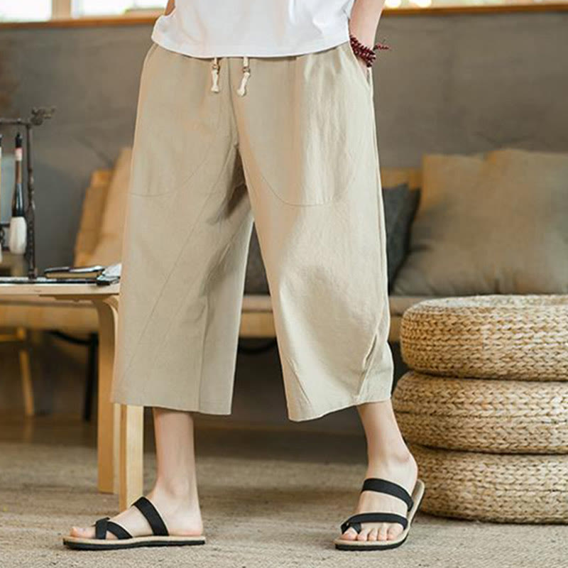 Solid Color Mid-length Linen Men's Wide Leg Pants With Pockets